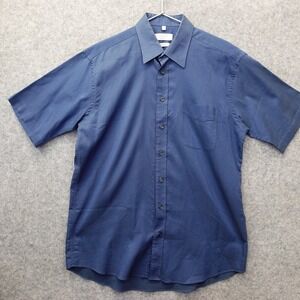 Vintage Mens Button Up Shirt LARGE Cotton‎ Stretch Blue Solid Work Classic CANDA